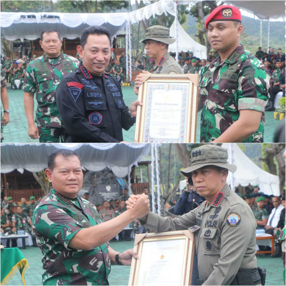 Panglima TNI Laksamana TNI Yudo Margono, S.E., M.M. dan Kapolri Jendral Pol. Drs. Listyo Sigit Prabowo, M.Si. memberikan penghargaan kepada Satgas Damai Cartenz Prajurit TNI-POLRI.